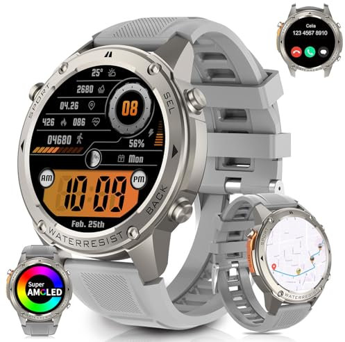 AIEK Smart Watch con GPS, Orologio da nuoto,Rispondere/fare una chiamata, Impermeabile 5ATM robusto Fitness Tracker Frequenza cardiaca 1,43” schermo AMOLED (Argento)