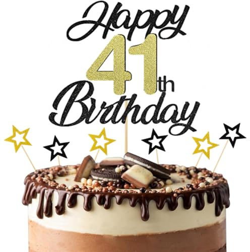 Anlgdi Tortendeko Happy Birthday Deko Kuchendeko 41. Geburtstag Mann Frau, Kuchen Topper Happy 41th Birthday Schwarz, Cake Topper 41 Jahre Torte Kuchen Deko für Geburstagstorte Deko 41. Männer