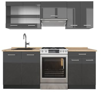 Vicco Küchenzeile R-Line, Anthrazit Hochglanz/Anthrazit, 200 cm | 5 Module · Höhenverstellbare Füße · Arbeitsplatte Eiche · Robuste Fronten · Mit Glasschrank · Frei kombinierbar