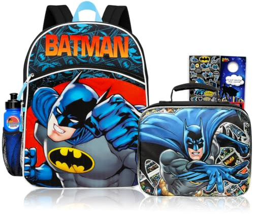 Batman Zaino con portapranzo – Bundle con zaino DC Comics da 40,6 cm, borsa per il pranzo, adesivi, bottiglia d'acqua, molto altro | Borsa da scuola Batman per ragazzi, Multicolore, Batman Backpack