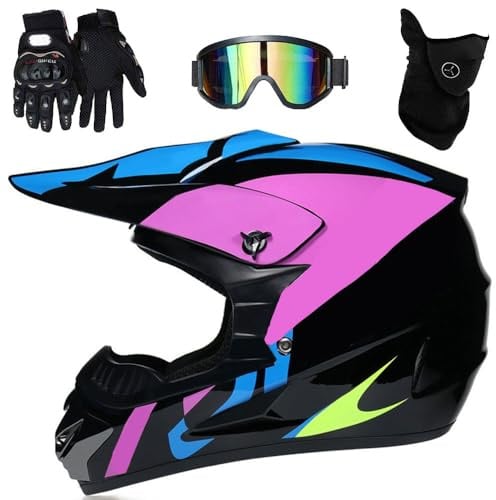 Integralhelm für Motocross, mit Schutzbrille, Handschuhen und Maske, Schutzausrüstung für Offroad-Motorrad-Crashhelme für Jugendliche und Kinder, MTB, BMX(Purple Black,M(54-55cm))