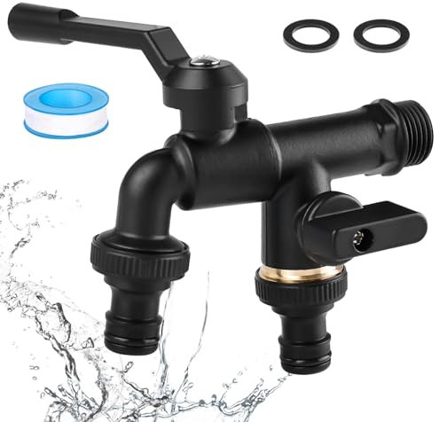 Rubinetto da giardino a doppia uscita da 3/4 pollici, rubinetto esterno antigelo, doppio rubinetto in ottone, rubinetto esterno universale, per giardino, lavatrice, serbatoio per pioggia, nero
