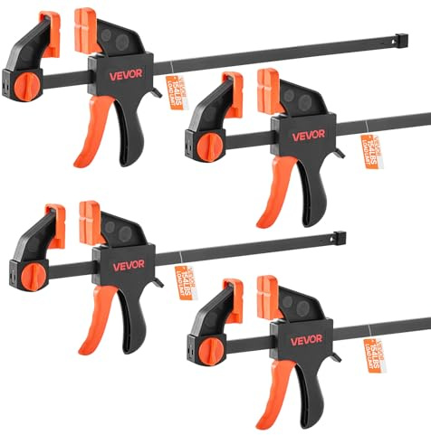 VEVOR Bar Clamps for Woodworking, 2-Pack 12 inch and 2-Pack 6 inch, One-Handed Clamp/Spreader, Quick-Grip F-Clamp with 154 lbs Load Limit, Premium Plastic and Steel, for Woodworking Metal working