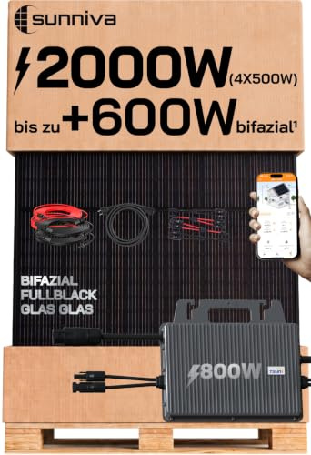 SUNNIVA® 2000W Balkonkraftwerk mit 800W Wechselrichter TSUN, BIFAZIAL FULLBLACK komplett Steckdose, PV Solaranlage Komplettset mit 5 m Anschlusskabel und 4x 2.5m Solarkabel, 4x 500W N-Type Glas