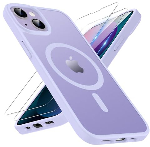 TQIAHF Magnetic Phone Case for iPhone 13 / iPhone 14 Case with 2 Tempered Glass Screen Protector Compatible with MagSafe Military Grade Translucent Matte Phone Cover,Purple
