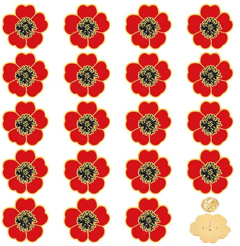 FINGERINSPIRE 20Pcs Épingle à Revers Fleur Émaillé 25.5x26.5mm Rouge Épingle à Revers Fleur Memorial Day Émail Alliage Broche Florale Badge Jour Des Anciens pour Vêtements Chapeau Sac à Dos