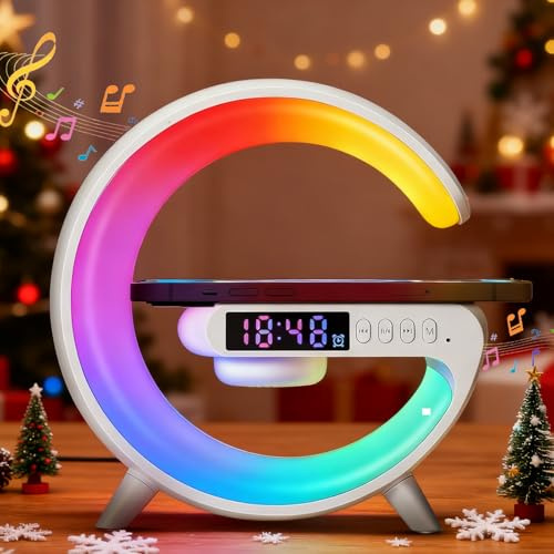 Led Wireless Charger Lamp, G Shaped Lamp Phone Charger Bluetooth Speaker with 10 Lighting Modes and 15w Wireless Fast Charging, Dimmable Bedside Lamps And Alarm Clock, Gifts for Boys Girls (White)