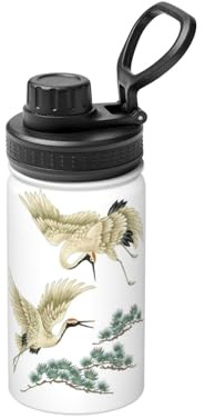 Bouteille d'eau isotherme en acier inoxydable avec deux grues japonaises volantes, peinture traditionnelle, 355 ml, pour l'école, l'extérieur