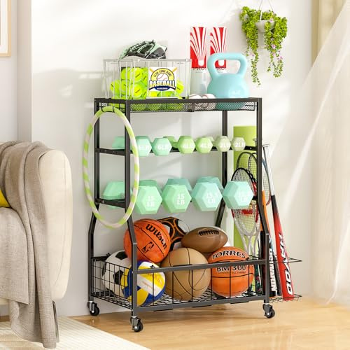 ThreeHio Home Gym Storage Rack, Dumbbell Rack with Yoga Mat Storage, Weight Rack Stand with Lockable Wheels and Hooks, Home Workout Equipment Organizer for Yoga Mate, Dumbbell, Kettlebells, Ball
