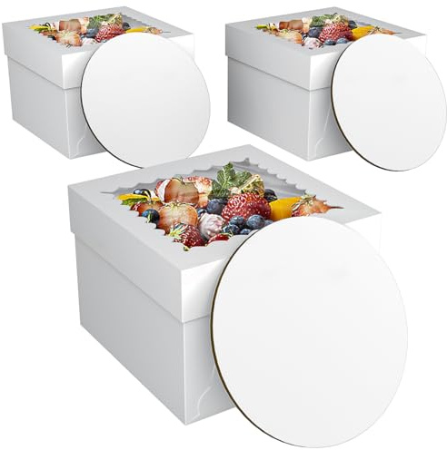 Glamletter 3 Pack Tall Cake Boxes 10x10x8 Inches with Cake Boards, White Bakery Boxes with Window, Food-Safe Disposable Cake Boxes with Lids for Cakes, Donuts, Pies & Party Desserts