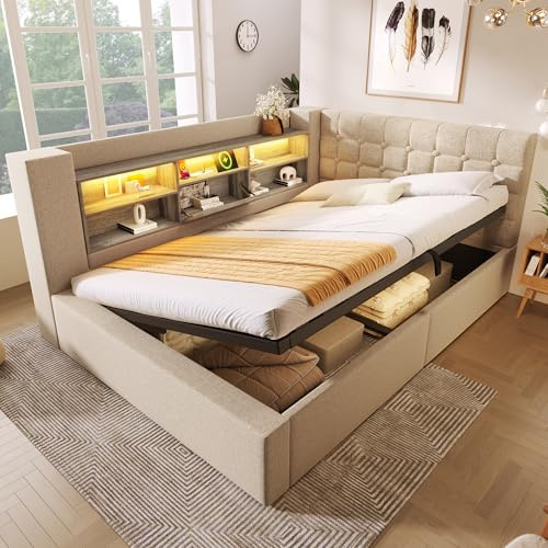 Polsterbett Schlafsofa 140x190 cm mit Bettkasten und Kopfteil , offene Staufächer an der Rückwand, L-förmigem Daybed mit Große Stauraum, beidseitig montierbar, Leinenstoff (Beige, 140cm*190cm)