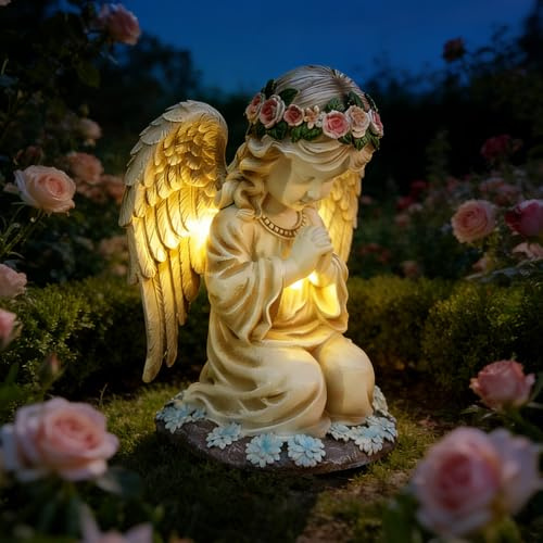 Solar Engel Gartenstatuen, Solar Engel Figur Wetterfest Fairy Engel Skulptur Deko Rasen Engel mit Led Solarleuchten für Grab Betende Grabengel Grabschmuck Wetterfest Deko für Garten Balkon Rasen
