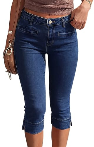 Fengbay Capri Jeans pour Femme Stretch Skinny Taille Basse Trois Quarts Pantalon en Jean Fente à l'ourlet Pantacourt décontracté d'été Pantalon 3/4, Bleu foncé, M