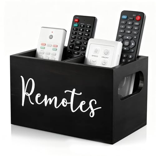 RFYTDCF Remote Control Holder, Wooden TV Remote Holder with 2 Compartments Storage Caddy Box Organiser for Table Living Room Bedside Couch (Black)