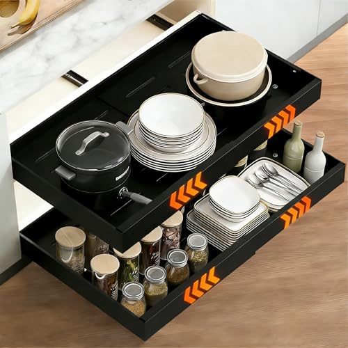 HAUSPROFI Teleskopschublade 2 Pack, Ausziehbare Schublade Küche mit Kleber, Ausziehbarer Schrank Organizer, Cabinet Pull Out für Küche Pantry Organisation Einstellbare, Breite 32-52cm, Schwarz