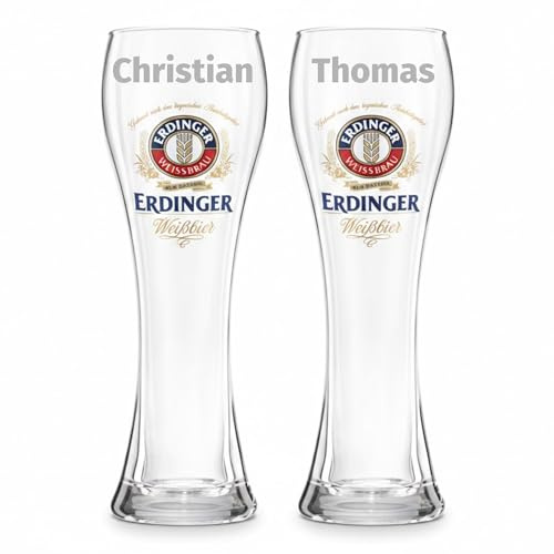 Erdinger Weinzenbierglas 0,5 Liter 2er Set mit Gravur - Weissbierglas mit individueller Personalisierung - Wunschname - Geburtstag Geschenk Männer - Vatertag