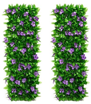 Expanding Garden Trellis Panels, 200x40cm Expandable Garden Fence Screening with Artificial Ivy and Violet Flower,Decorative Faux Ivy Leaf Privacy Screen Greenery Backdrop for Backyard (Purple, 2 PCS)