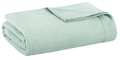 Madison Park 100% Egyptian Cotton Lightweight Summer Blanket, Breathable Waffle Knit Design, Soft Cozy All-Season Throw for Bed, Couch or Sofa, Seafoam King Size (108x90)
