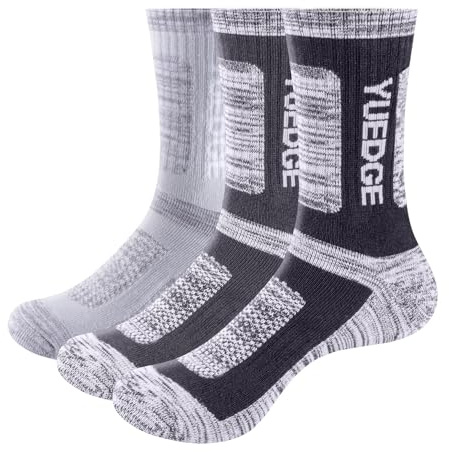 YUEDGE Mens Outdoor Hiking Walking Socks Cushioned Sports Socks For Men 6-10, Breathable Wicking Anti-Odor Work Sock Padded Mid Calf Safety Welly Boot Sock, 3 Pairs