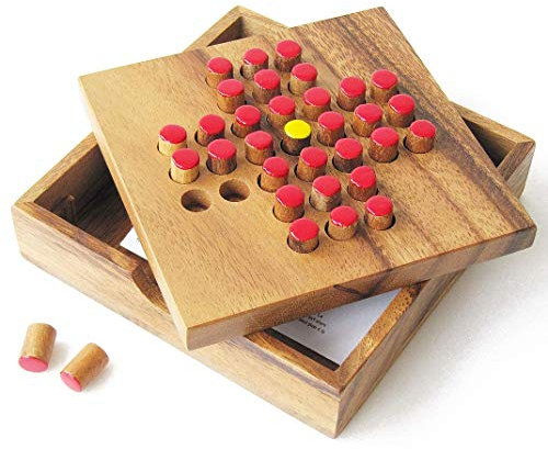 2-in-1 Spiele: Solitär + Fuchs und Gänse, für 1 bis 2 Spieler – Gesellschaftsspiel aus Massivholz – französische Marke Le Délirant® – CE – Reisespiel mit verschließbarem Tablett