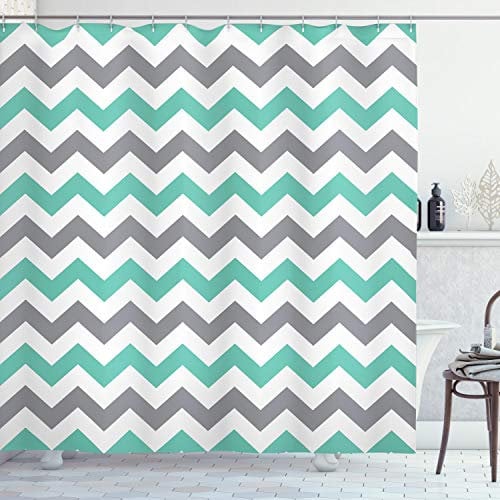 ABAKUHAUS Chevron Duschvorhang, Geometrische Wavy Zigzag, Stoffliches Gewebe Badezimmerdekorationsset mit Haken, 175 x 180 cm, Seafoam Grau Weiß