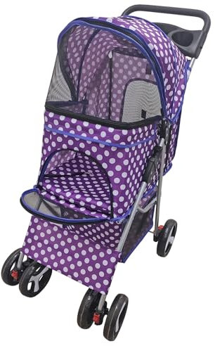 Foldable Pet Stroller with Weather Protection and Swivel Wheels 15 kg Carrying Capacity (Purple Dot)