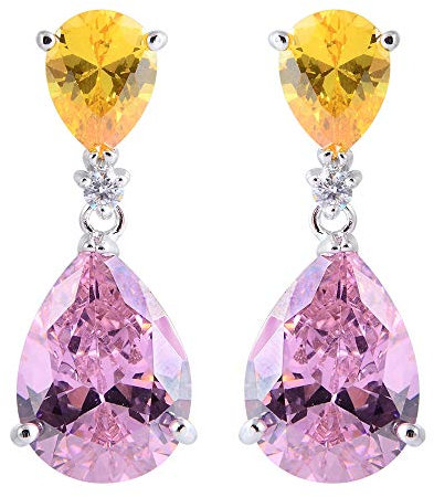 [RIVA CELEBOX] TRÄNE Gestochen Ohrhänger Ohrringe mit Tropfenschliff Edelstein Zirkonia CZ [Gelb Citrin & Rosa Saphir] in 18K Weißes Gold Vergoldet, Promi inspiriert von Angelina Jolie