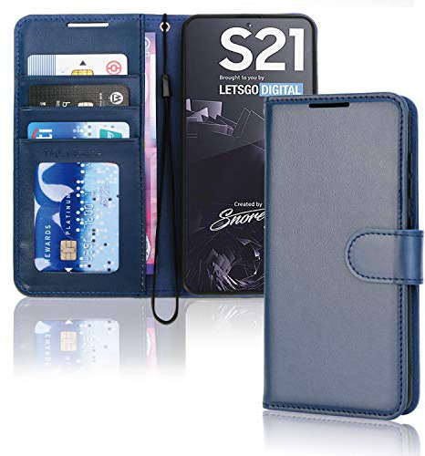 TECHGEAR Galaxy S21 Leather Wallet Case, Flip Protective Case Cover with Wallet Card Holder, Stand and Wrist Strap - Navy Blue PU Leather with Magnetic Closure Designed For Samsung Galaxy S21 / S21 5G