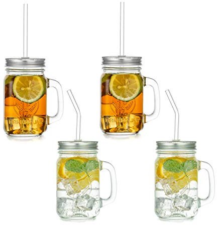 Frascos De Vidrio Vintage Con Tapas De 500 Ml - Juego De 4 Tazas Con Asa y Pajita Reutilizable Para Beber, Almacenar, Conservar El Desayuno, La Avena, La Merienda