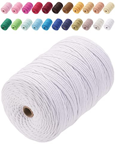 GOHOF Cordón de macramé de 3 mm x 200 m, cuerda de algodón suave trenzado de 4 hebras, uno de los materiales más perfectos para arte de macramé, cuerda de algodón sin productos químicos (blanco)