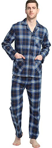 GLOBAL Herren Schlafanzug Flanell | Pyjama Set Lang Baumwolle | Zweiteilige Nachtwäsche Loungewear Schlafanzughose Lang Mit Gummizug Und Kordelzug | Dunkelblaues Plaid M
