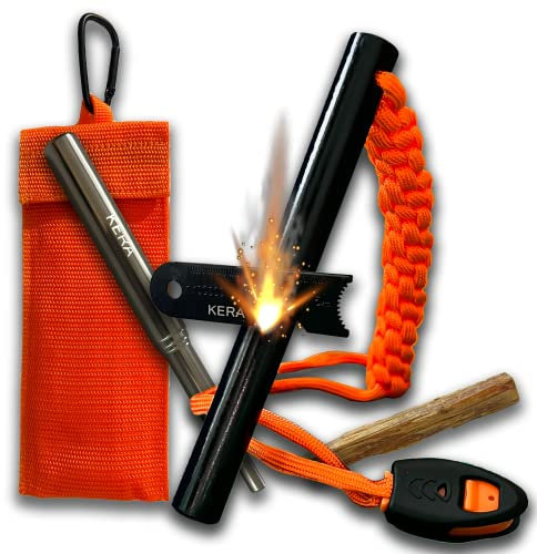 KERA® Feuerstahl Outdoor | Feuerstahl XXL | inkl. Tasche+ Zunder+ Paracord+ Blasrohr | Feuerstein Survival | Firestarter | Magnesium Feuerstarter | Feuerstein | Ewiges Streichholz Outdoor Feuerzeug