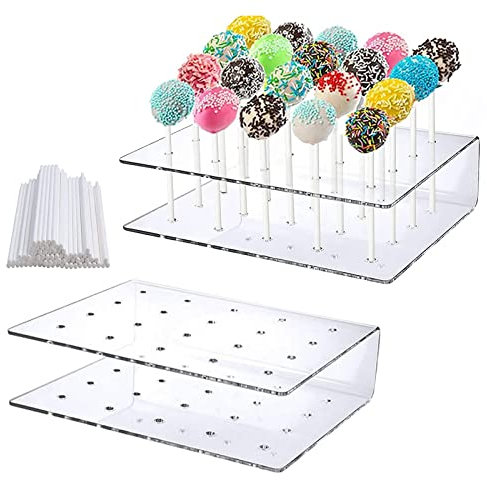 Ruikdly 2 Stück Cake Pop Ständer mit 100 Stück Cake Pop Stiele Cake Pop Halterung 20 Löcher Lollipop Halter Ständer für Hochzeit Geburtstag Dessert Tisch Party Deko