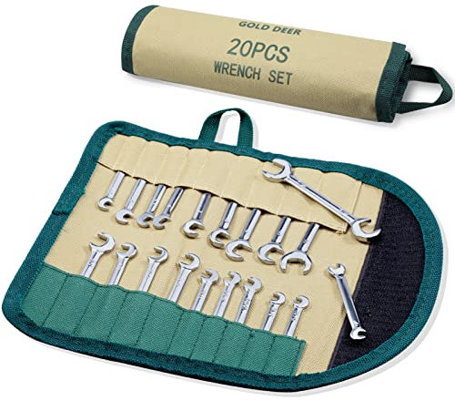 GOLD DEER 20 Stück Mini-Maulschlüssel-Satz Standard Metrisch und SAE 5/32„-7/16“&4-11mm Extra Slim Maulschlüssel mit Aufbewahrungsrolltasche