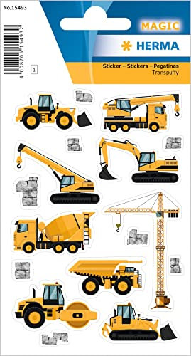 HERMA 15493 Aufkleber Baustellenfahrzeuge klein, 9 Stück, Fahrzeuge Sticker mit Bagger Kran Betonmischer Baustelle Motiv, Kinder Etiketten für Fotoalbum Poesiealbum Scrapbooking Geburtstag Deko Briefe