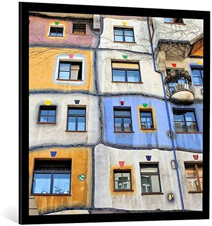 kunst für alle Bild mit Bilder-Rahmen: Yair Tzur Fenster von Hundertwasser - dekorativer Kunstdruck, hochwertig gerahmt, 95x90 cm, Schwarz matt