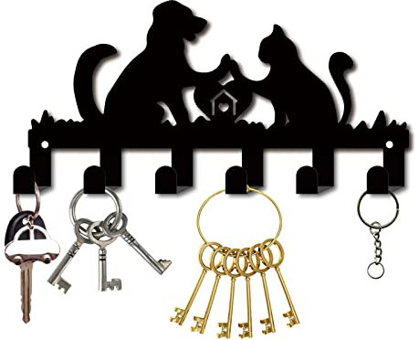 CREATCABIN Porte-Clés en Métal Noir Crochets pour Clés Organiseur de Cintre Mural Décoratif avec 6 Crochet Motif Chien et Chat pour Porte D'Entrée Couloir Sac Vêtements Clé Écharpe à Suspendre