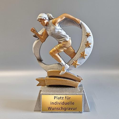 eberin · Leichtathletik-Pokal · Resinfigur Läufer/Sprinter Damen · Schulsport/Stadtlauf/Citylauf Damen Pokal · personalisierbar · Pokal mit Wunschtext für Läuferinnen ·