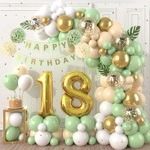 18th Birthday Decorations Sage Green,18th Birthday Balloon Garland Party Decoration with Number 18 foil balloons,Happy Birthday Banner for Boys Girls 18 Birthday Party Decorations