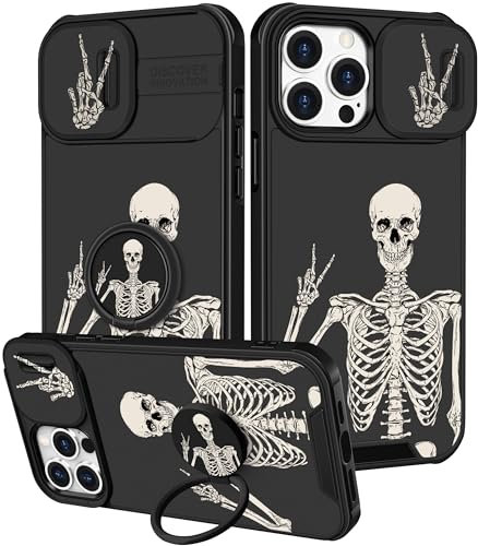 Pegmode (2in1 for iPhone 12 Case/iPhone 12 Pro Case Skull for Women Cute Skeleton Gothic Girls Phone Cases Scary Goth Unique Design with Camera Cover+Ring Holder Funny for Apple 12/12 Pro Cover 6.1''