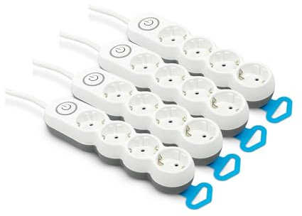 Garza - Pack de 4 Bases múltiples con 4 enchufes, Cable de 1.4 Metros, Enchufe Plano, con Interruptor, Protección Infantil, Blanco