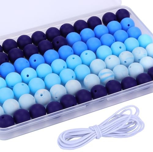 WEWAYSMILE 80pcs 15mm Silicone Beads, Bulk Round Silicone Beads, with 2 Meters Elastic Beaded Rope for Bracelet Keychain Lanyards Jewelry DIY Crafts