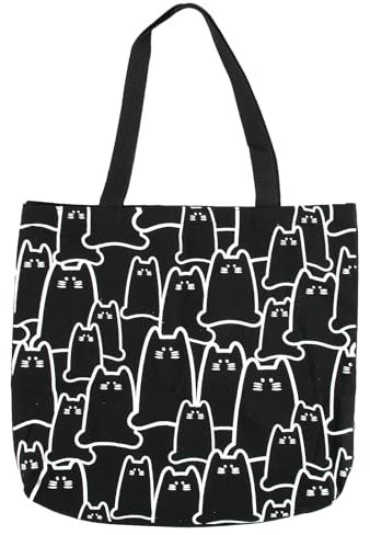 Einkaufstasche Katzenmuster, Katze Tragetasche Baumwolltasche Handtasche Damen, Nette Katze Faltbare Tasche mit Reißverschluss Katzen-Canvas-Tasche Leichte Strandtaschen Ästhetik für Frauen (Schwarze)