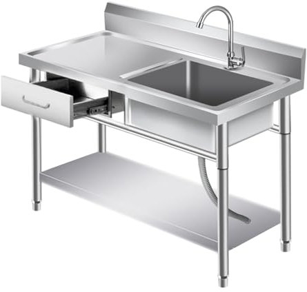 Freistehende Einzelbecken-Spüle, Mobiles Küche Spültisch,Arbeitsplatzwaschbecken Mit Abfluss Und Fallrohr,1 Becken Außenbereich Spülbecken for Außen, Innen, Küche, Restaurant (Color : Right slot, S
