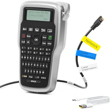Vixic Portable Label Maker Machine With Tape, E1000 Industrial Label Printer With QWERTY Keyboard For Office Storage Network Cable Organization, Handheld Sticker Maker Multiple Fonts Icons Easy To Use