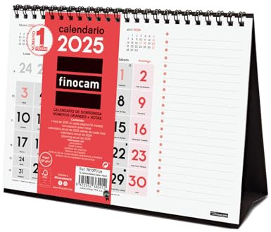 Finocam - Calendario Neutro de Sobremesa Números Grandes + Notas 2025 Mes Vista Enero 2025 - Diciembre 2025 (12 meses) Español