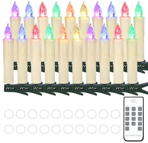 Cibnew Bunt Weihnachtskerzen Christbaumkerzen Kabellos Weihnachten LED Kerzen Lichterkette mit Fernbedienung,Timer-Funktion für Weihnachtsbaum Hochzeit, Geburtstags, Party (20er RGB)