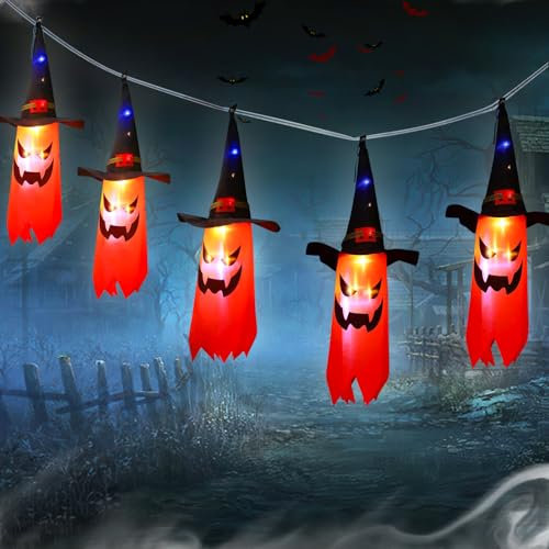 Wzone Halloween Deko Outdoor Orange, 5 Stück Hängende Geister mit Hexenhut, Dekoration Lichter für Halloween Party, Halloween Lichterkette Dekor Hängende Beleuchtete Kürbis für Deko Outdoor Indoor