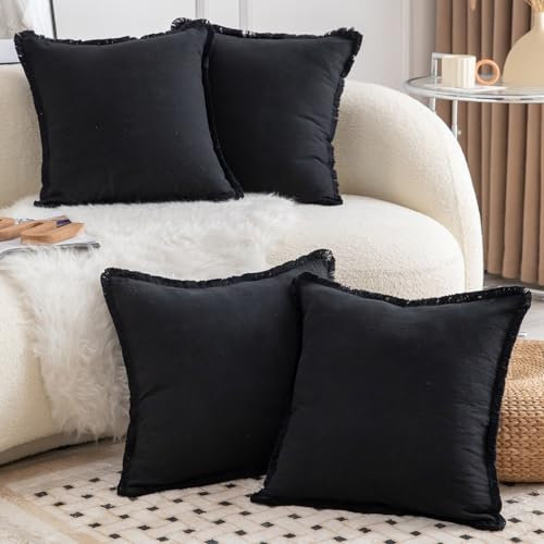 Mandioo 4er Set Neutralen Baumwolle Kissenbezug 40x40cm Herbst Quasten Dekorative Kissenbezüge Boho Sofakissen Dekokissen Kissenhülle für Couch Sofa Schlafzimmer Wohnzimmer Schwarz
