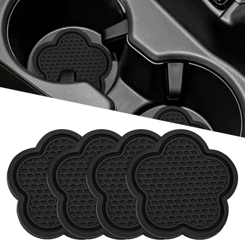 Alovez 4Pcs Flower Shaped Non-Slip Silicone Cup Coasters, Cup Mats Vehicle Cup Mats, 2.76Inch Universal Non-Slip Recessed Car Cup Coasters for Most Cars Trucks, Black